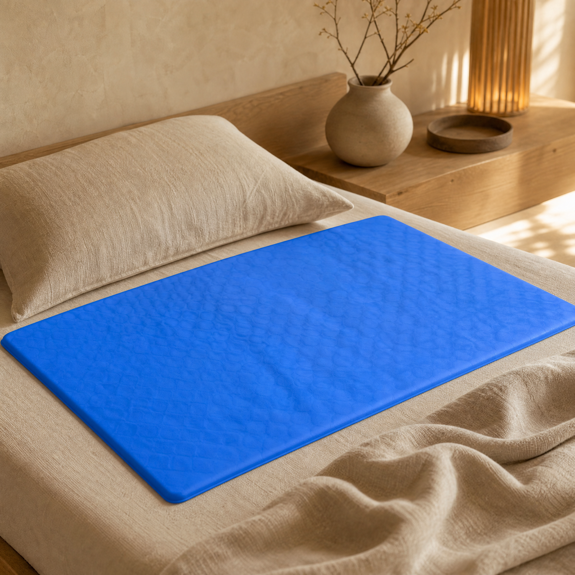 Frost cooling gel pad laid over linen bedding